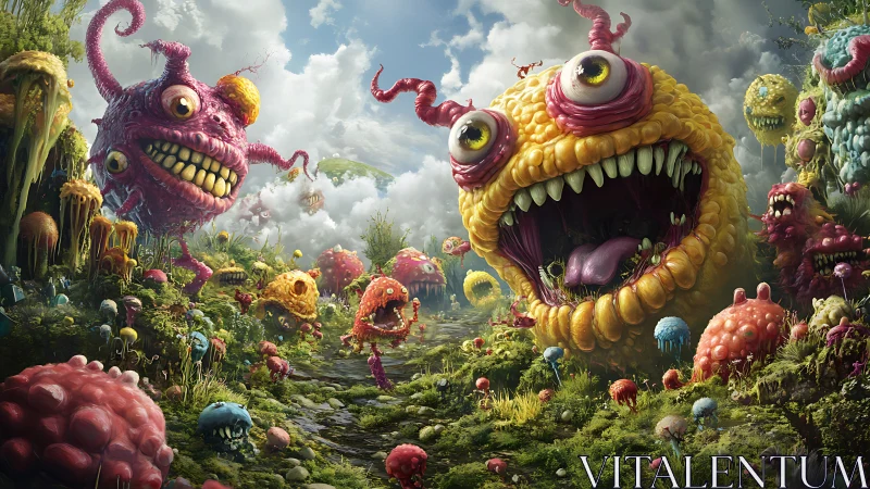 Grotesque candy-colored monsters swarm lush alien valley.