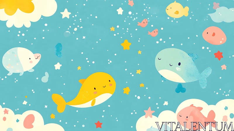 Kawaii marine animals drift among clouds in pastel sky scene
