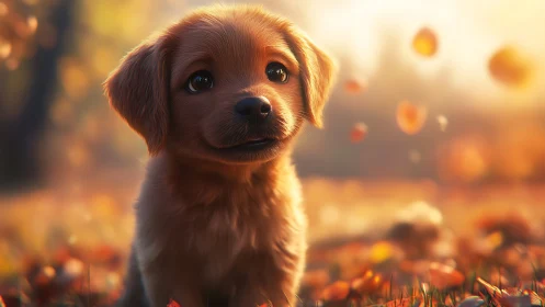 Golden puppy basking in soft autumn light and falling leaves.