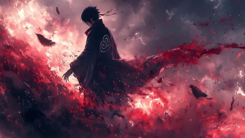 Solitary warrior dissolving into crimson stormfire clouds.