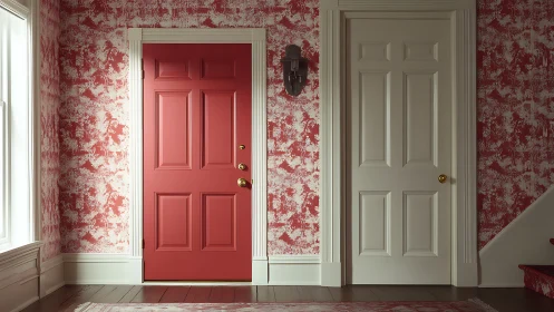 Red entry door beside white interior door in hallway.