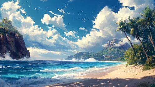 Coastal landscape with volcanic peaks and tropical shoreline.