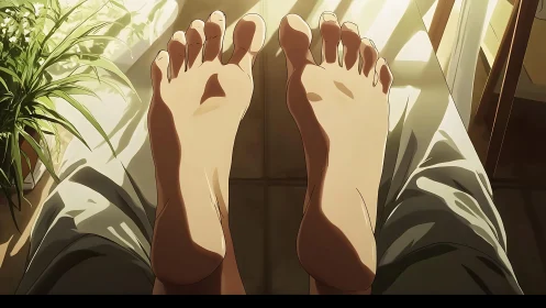 Sunlit bare feet on bed with indoor plant and soft shadows.