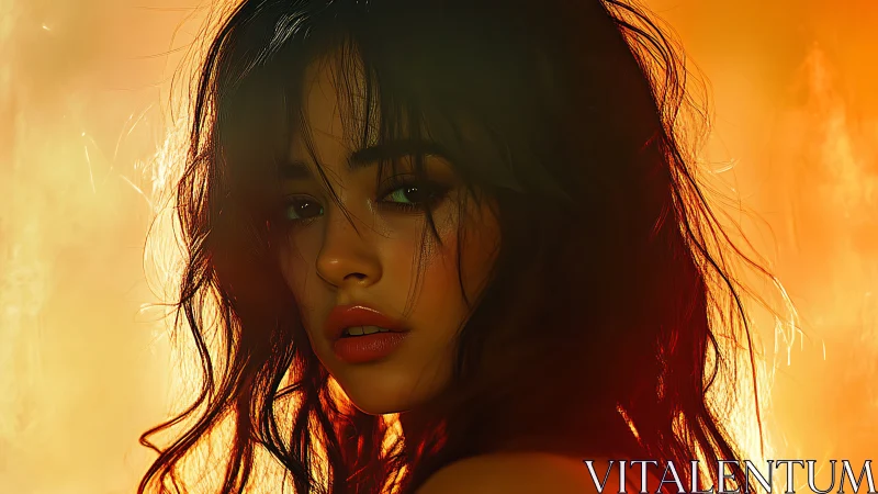 Digital portrait with warm backlight and tousled hair glow.