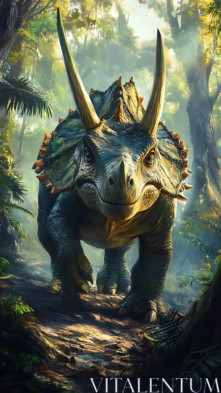 Horned jungle titan strides through primeval sunlight.
