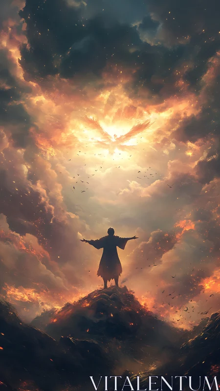 Epic digital painting of ascendant figure under celestial blaze.