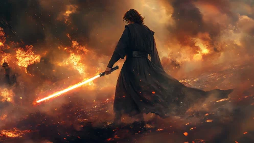 Dark warrior with fiery sword on burning battlefield.