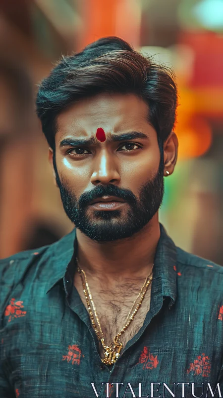 Intense urban portrait with warm bokeh and cultural detailing.