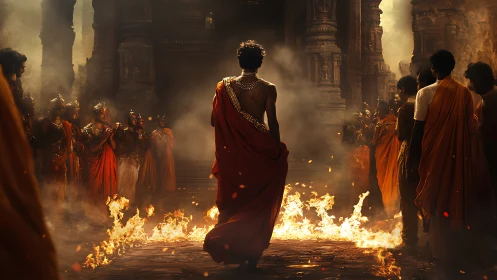 Ritual firewalk in temple courtyard with robed devotees and flames