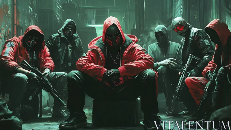 Hooded armed gang sits in neon alley with cyber masks