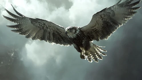 Majestic eagle in flight against dramatic cloudy sky, realistic style.