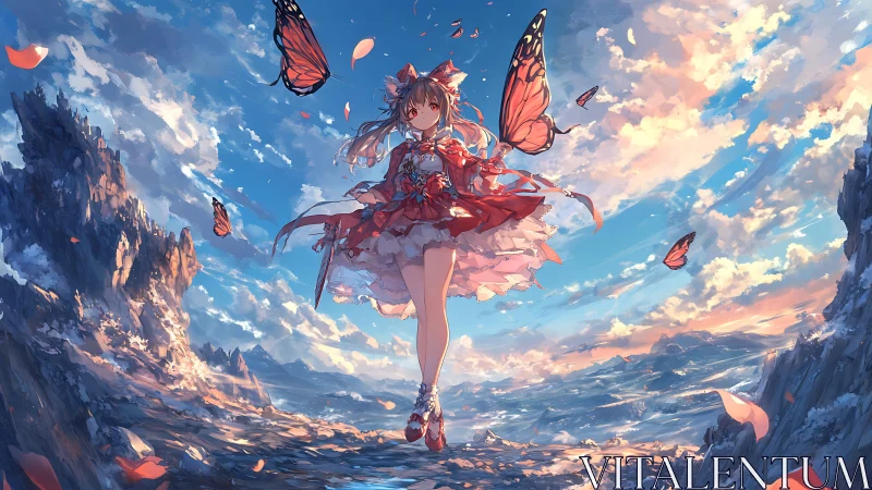 Skybound anime girl with butterfly wings over mountains.