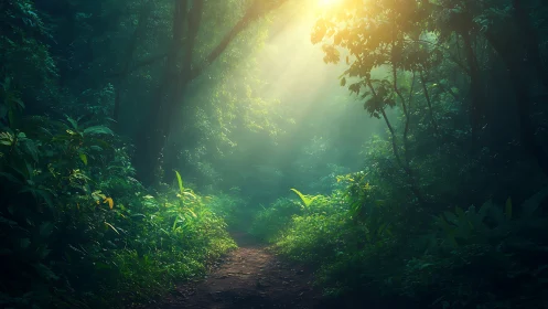 Luminous Forest Passage: Where Ancient Trees Frame Golden Radiance.