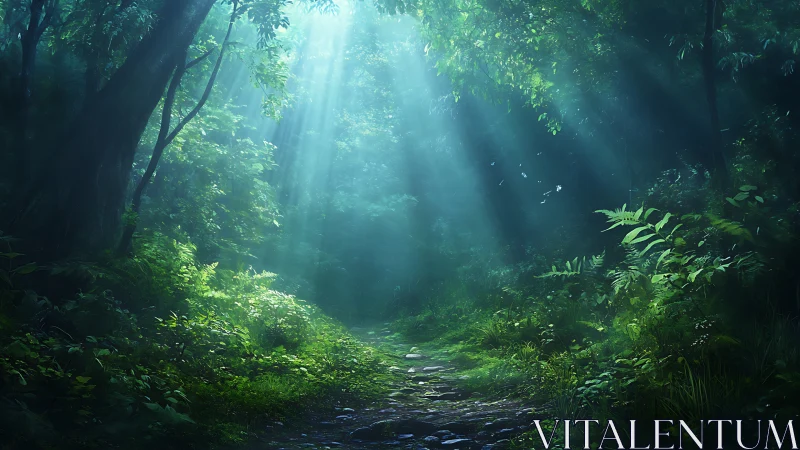 Misty forest path illuminated by divine rays of light.