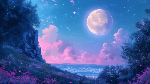 Lunar-illuminated valley city under bioluminescent hillside sky