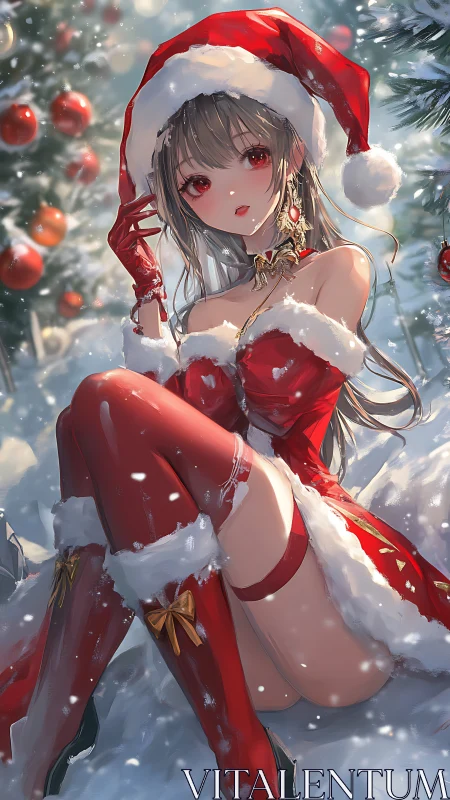Anime Christmas girl in red Santa outfit under snowfall.