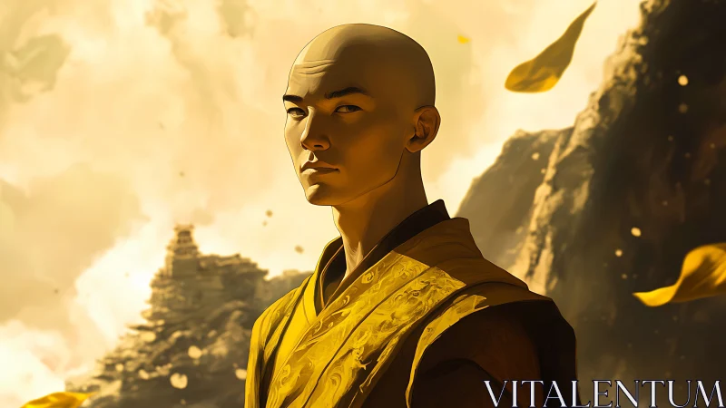 Monastic guardian under golden storm-lit mountain sky.