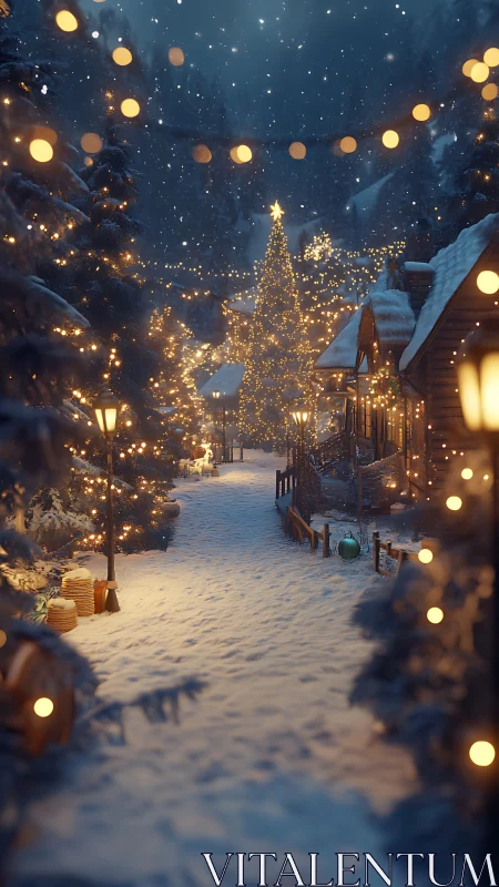 Snow-covered village lane illuminated by dense bokeh string lights