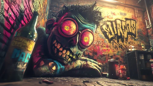 Wild-eyed alley creature rests in a neon sprayed hideout