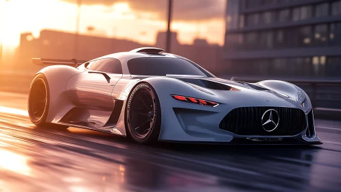 Sleek silver Mercedes hypercar racing on wet city road.