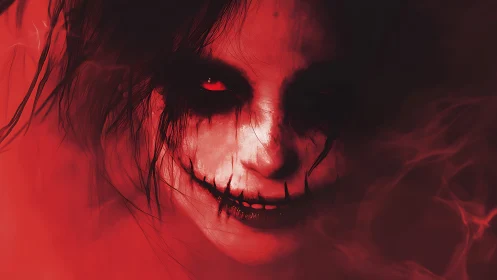 Smiling demon portrait in crimson smoke digital horror art.