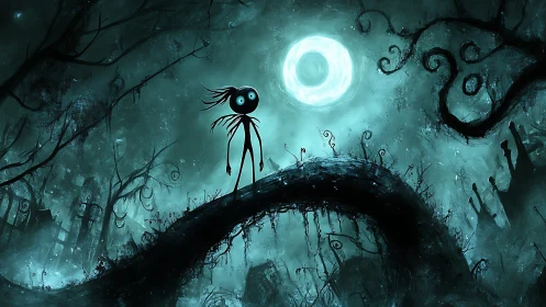 Moonlit twig-limbed wanderer listens to the whispering ruins