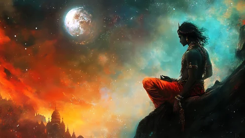 Solitary robed figure meditating under a luminous moon.