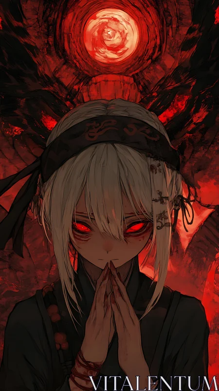 White haired figure with red eyes before circular red portal.