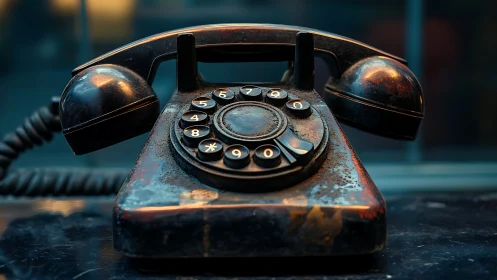Photorealistic close-up of weathered rotary dial telephone on desk.
