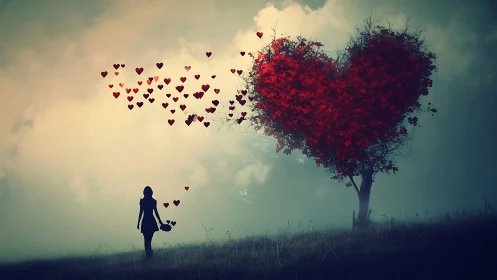 Solitary Figure Scattering Hearts to Tree.