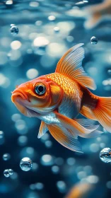 Vibrant goldfish drifts through luminous underwater bokeh