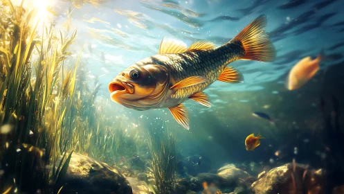 Sunlit freshwater fish in high-fidelity underwater ecosystem.