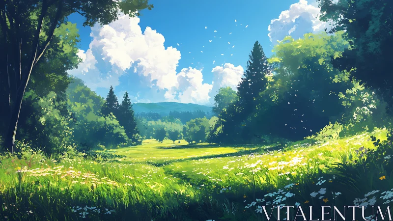 Luminous meadow vista in layered botanical composition digital painting.