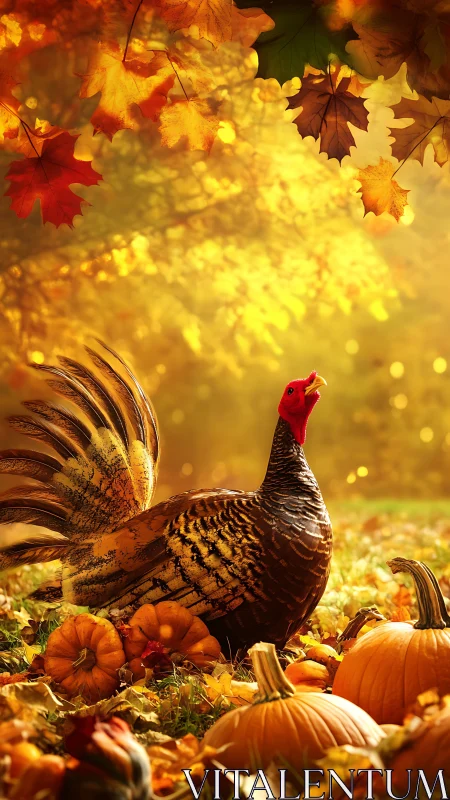 Proud autumn turkey strutting through a glowing pumpkin grove.