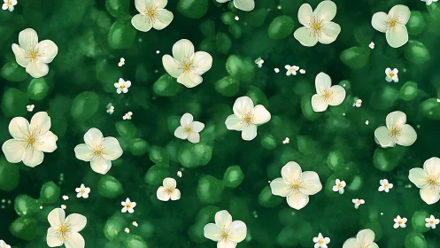 Cream Flowers Blooming Against Emerald Foliage Background.