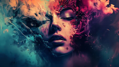 Surreal digital portrait merging face with swirling cosmic smoke.