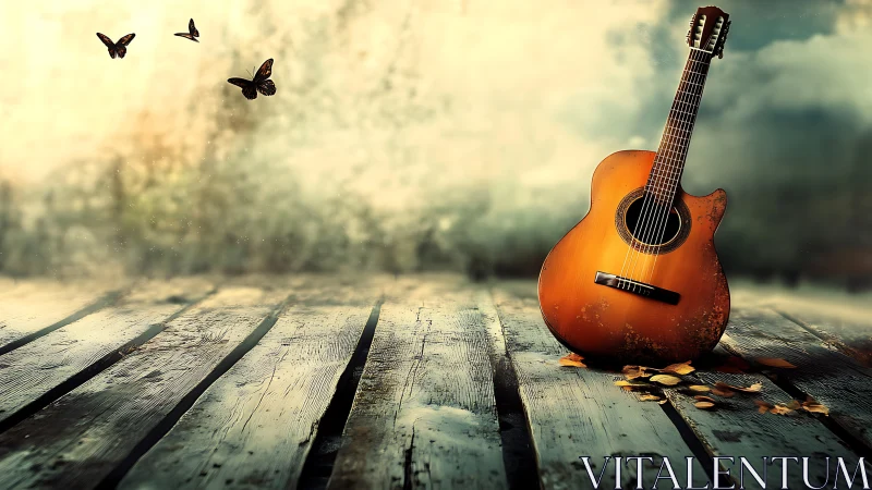 Golden acoustic guitar rests on weathered wooden pier at dusk.
