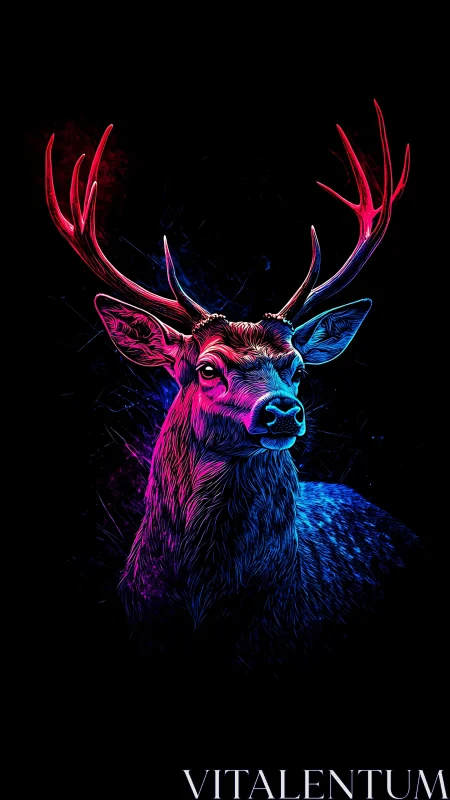Neon-lit stag portrait in dual-tone cyber glow on black.