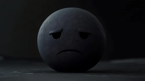 Textured matte sad emoji sphere under low key lighting.