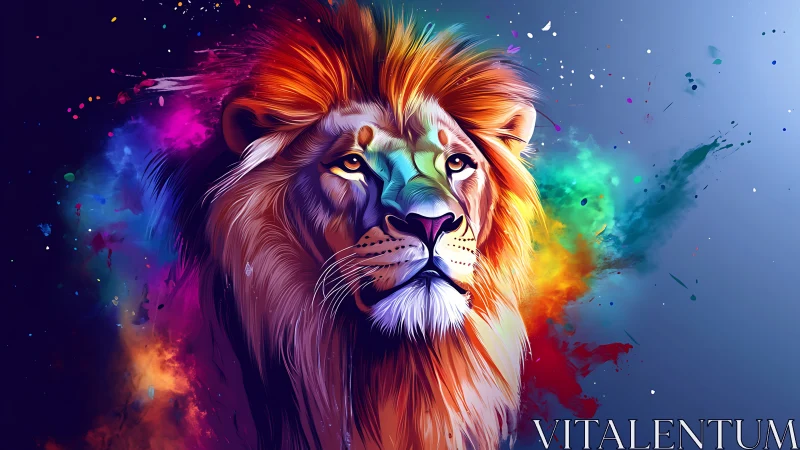 Stylized lion portrait integrates colorful digital paint effects