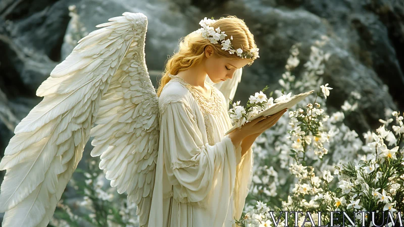 Serene blonde angel in white gown reading among flowers.