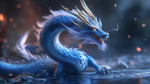 Blue serpentine dragon crouches on wet ground, glowing softly