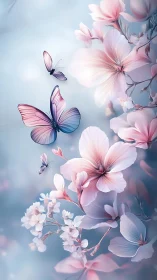 Soft-focus gradient butterflies orbit pastel blossoms in airy bokeh