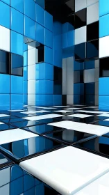 Reflective cubic corridor with high-gloss blue grid surfaces.