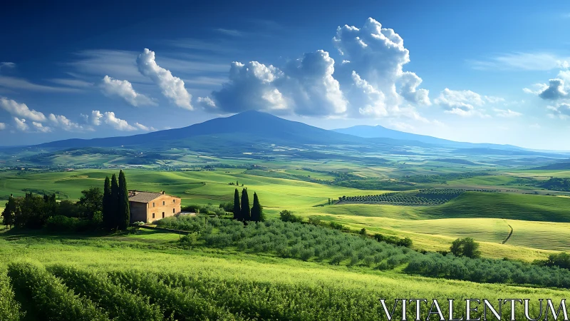 Sunlit Tuscan farmhouse anchors panoramic agrarian valley view