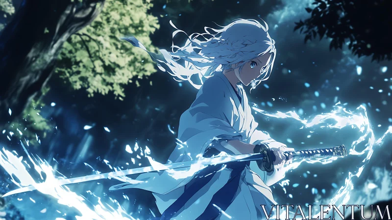 Calm sword wielder wrapped in shimmering waterlight energy.