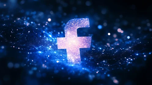Glowing social media emblem in deep blue particle field.