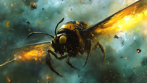 Explosive macroview of cybernetic hornet in nebular debris field.