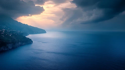 Photorealistic coastal seascape with dramatic storm lighting.