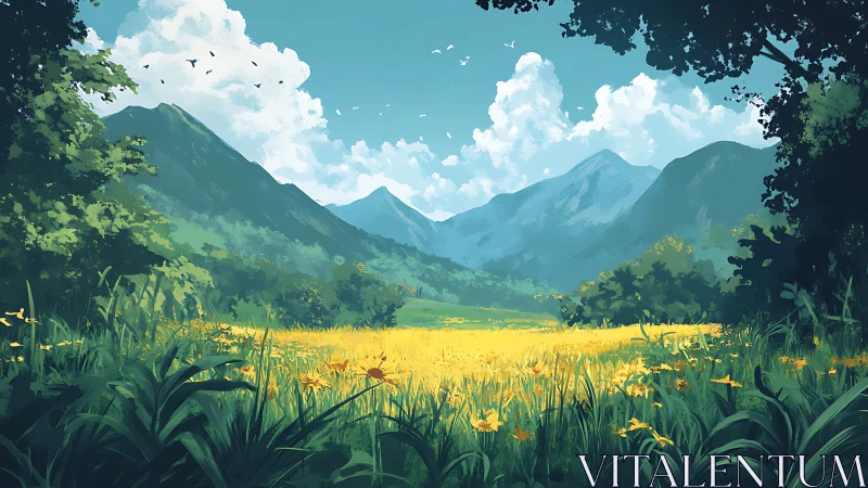 Sunlit mountain meadow glows under towering summer sky.